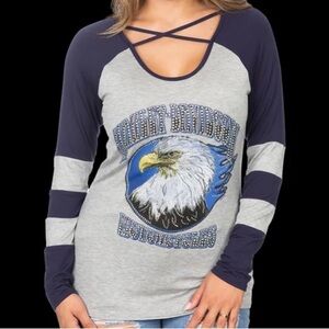 NWT Harley-Davidson Women's Gray Rhinestone Eagle Navy Long Sleeve Tee